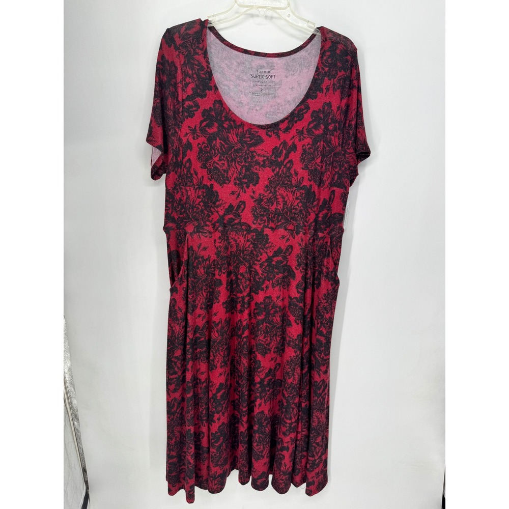 Torrid Midi Dress Women Size 2X Red New Floral Super Soft Plush Pockets 13987683
